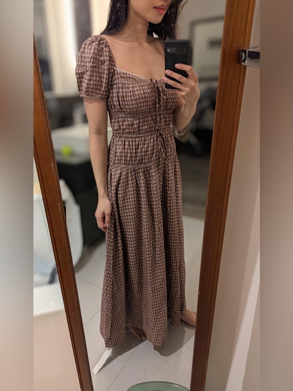 new Reformation Rhett maxi sundress in Aubrie check brown pink gingham print